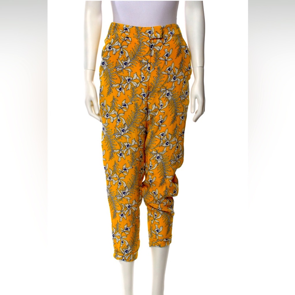Oscar de la Renta Yellow Silk Floral Trousers | Size 6 | Orchid Print